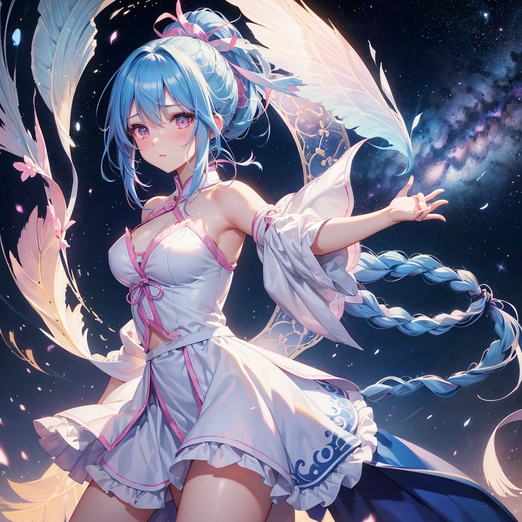 Sky blue hair, (One braided ponytail),(Pink Eyes),Fair skin ,(whole body),(One girl),The goddess,Orihime,(Sky Yue),Tanabata,(The Milky Way in the night sky),Hollow Eyes,Blushing,Straight bangs,(masterpiece, Highest quality, Very detailed, Best Shadow), (Detailed Background), (Beautifully detailed face), High Contrast, (Best lighting, Very delicate and beautiful), ((Cinematic Light)), colorful, Hyper Detail, Dramatic Light, Intricate details,Open your arms