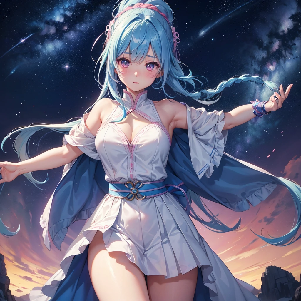 Sky blue hair, (One braided ponytail),(Pink Eyes),Fair skin ,(whole body),(One girl),The goddess,Orihime,(Sky Yue),Tanabata,(The Milky Way in the night sky),Hollow Eyes,Blushing,Straight bangs,(masterpiece, Highest quality, Very detailed, Best Shadow), (Detailed Background), (Beautifully detailed face), High Contrast, (Best lighting, Very delicate and beautiful), ((Cinematic Light)), colorful, Hyper Detail, Dramatic Light, Intricate details,Open your arms