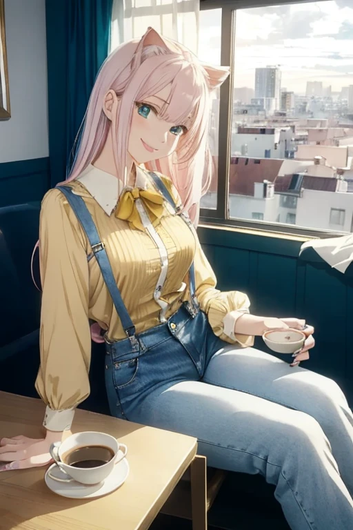 anime girl 26 years old yellow blouse suspenders blue denim pants landscape luxurious apartment looking out the window towards a night city with pale pink hair green eyes and a white cat on her lap blue nails white walls cup of coffee on the table cat looking at the girl smiling