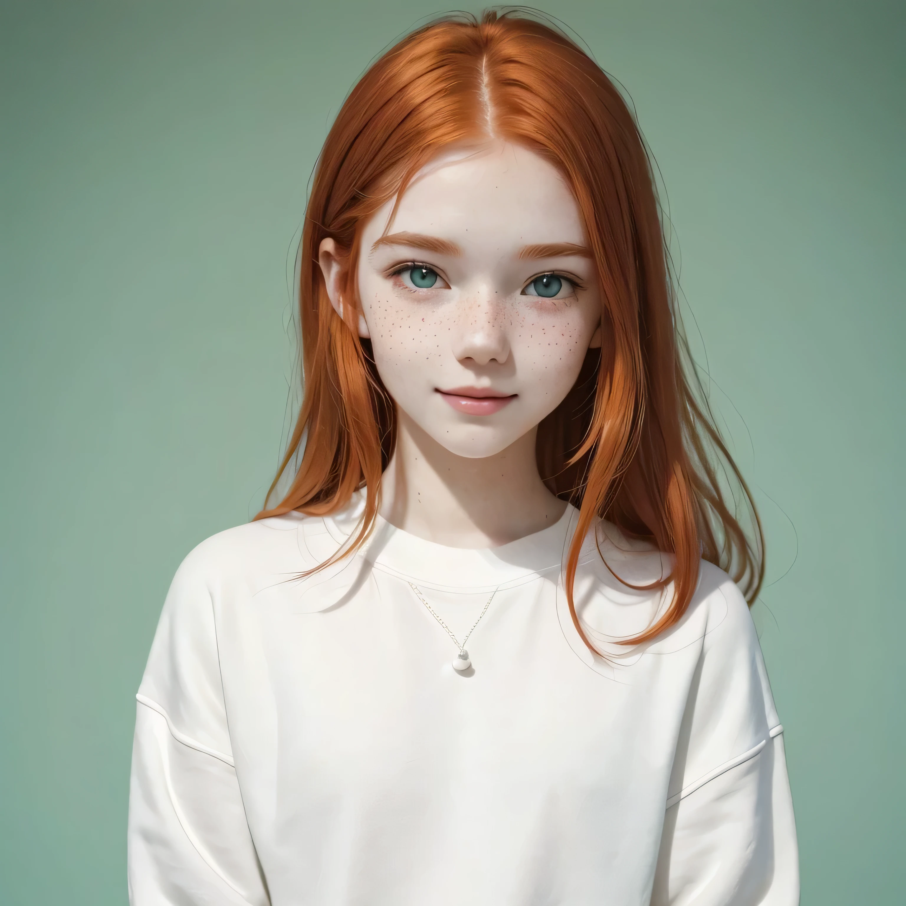 Young redhead, 20 years old, white skin, freckles on face, tender, cute, wears a pearl sweatshirt, looking straight at the camera, smiling, achromatic green background