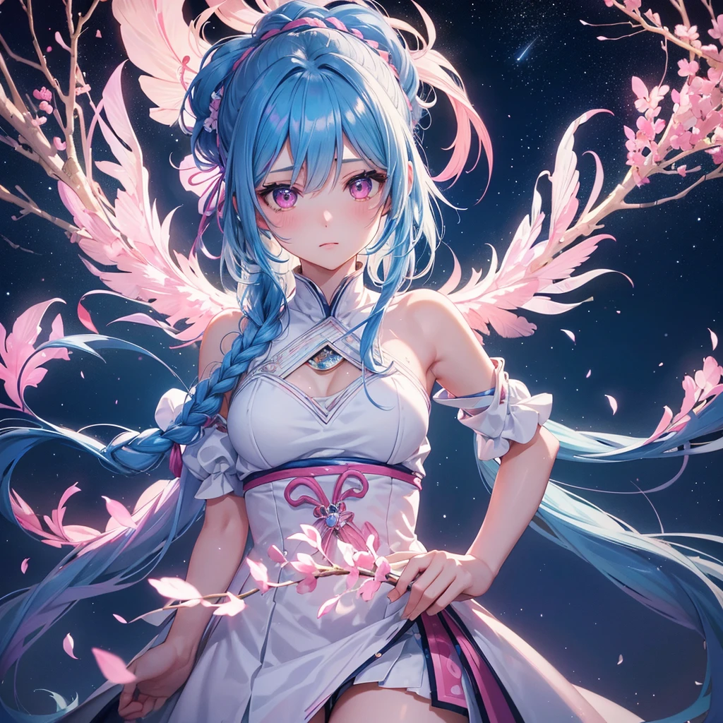 Sky blue hair, (One braided ponytail),(Pink Eyes),Fair skin ,(whole body),(One girl),The goddess,Orihime,(Sky Yue),Tanabata,(The Milky Way in the night sky),Hollow Eyes,Blushing,Straight bangs,(masterpiece, Highest quality, Very detailed, Best Shadow), (Detailed Background), (Beautifully detailed face), High Contrast, (Best lighting, Very delicate and beautiful), ((Cinematic Light)), colorful, Hyper Detail, Dramatic Light, Intricate details,