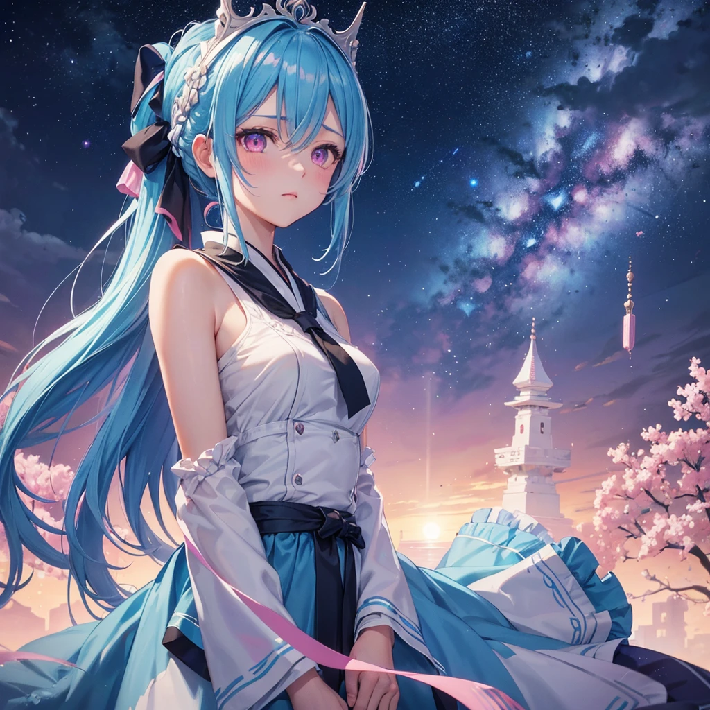 Sky blue hair, (One braided ponytail),(Pink Eyes),Fair skin ,(whole body),(One girl),The goddess,Orihime,(Sky Yue),Tanabata,(The Milky Way in the night sky),Hollow Eyes,Blushing,Straight bangs,(masterpiece, Highest quality, Very detailed, Best Shadow), (Detailed Background), (Beautifully detailed face), High Contrast, (Best lighting, Very delicate and beautiful), ((Cinematic Light)), colorful, Hyper Detail, Dramatic Light, Intricate details,