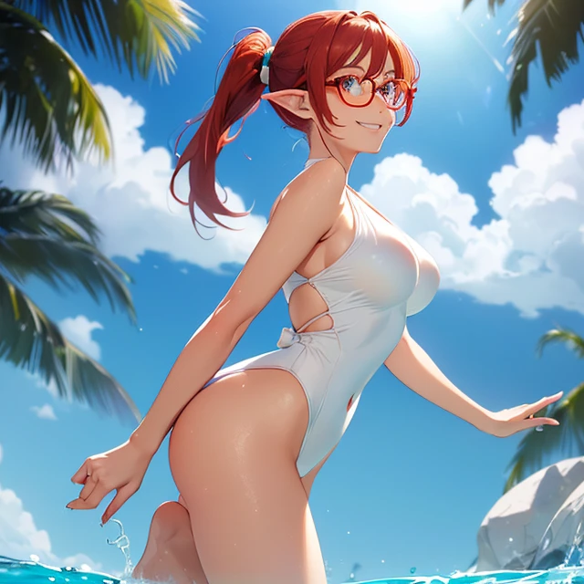 (best high quality image, very detailed clean image, carefully detailed image, carefully detailed character, solo alone character, no deformities in background and character, full character view and design)
{{(1woman 50 years old milf elf citizen), (crimson red hair tied in a ponytail with a pale white beautiful ribbon, fair skin, light blue green eyes, thin lips, medium big breasts, big butt, beautiful legs, short pointed ears with tiny orange gems, joy smile, happy expression, walking outside)), ((dark blue square glasses), (white white white one-piece white swimsuit)), (pool outside)}}