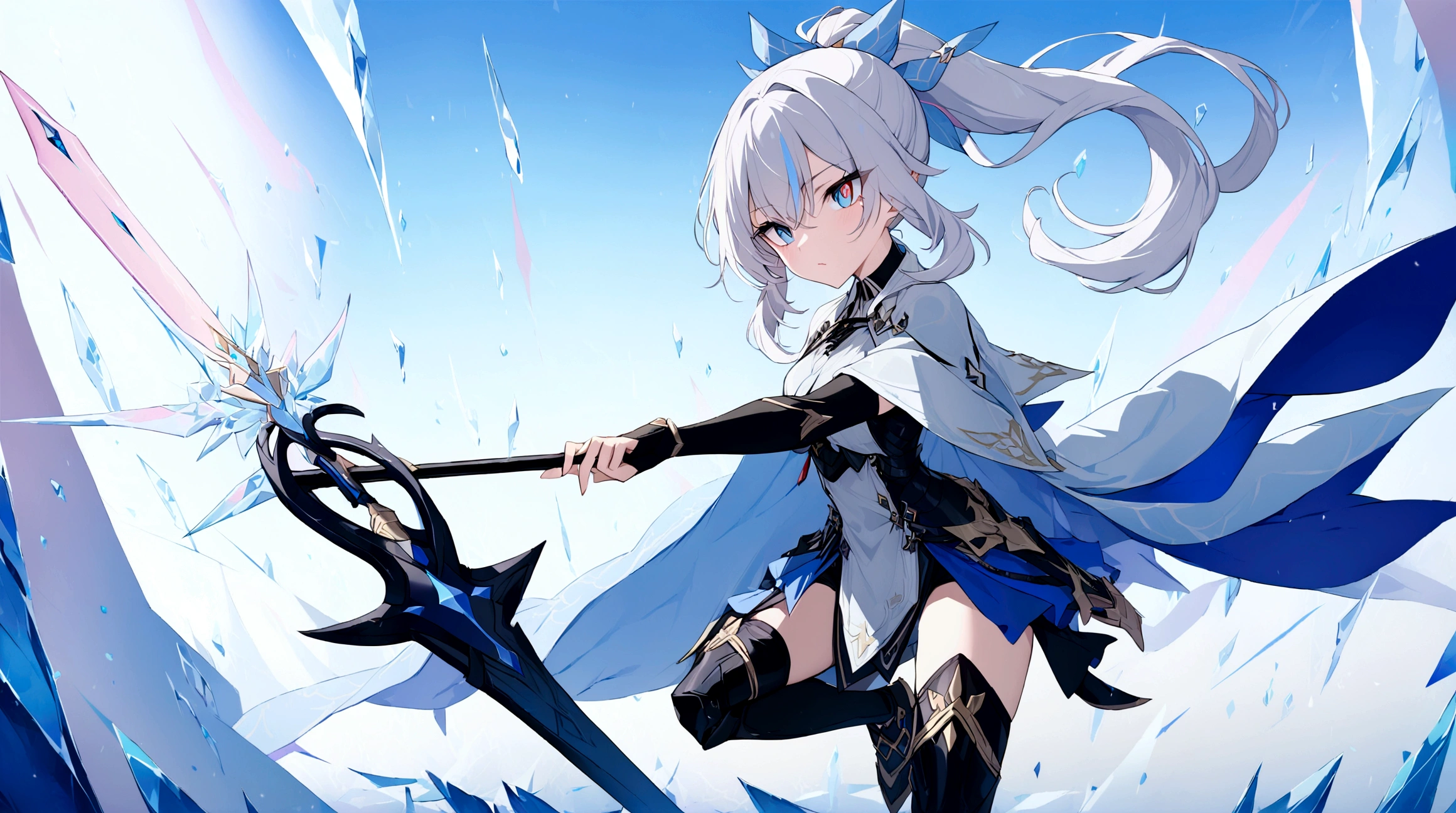 (1girl, Masterpiece, best quality) (detailed and beautiful eyes:1.6) (perfect hands, perfect anatomy) (full body)) Fierce warrior girl with long white hair in a high ponytail and striking red eyes. She wears sleek, modern armor in blue and black with gold and silver details, and a white, high-collared cape with blue and gold accents. She holds a long spear in her right hand and points forward with her left hand. The background should be an icy landscape with crystalline formations and a cold, blue sky, reflecting light off the ice for a mystical atmosphere. Capture her determined and focused expression, conveying a sense of readiness and strength.