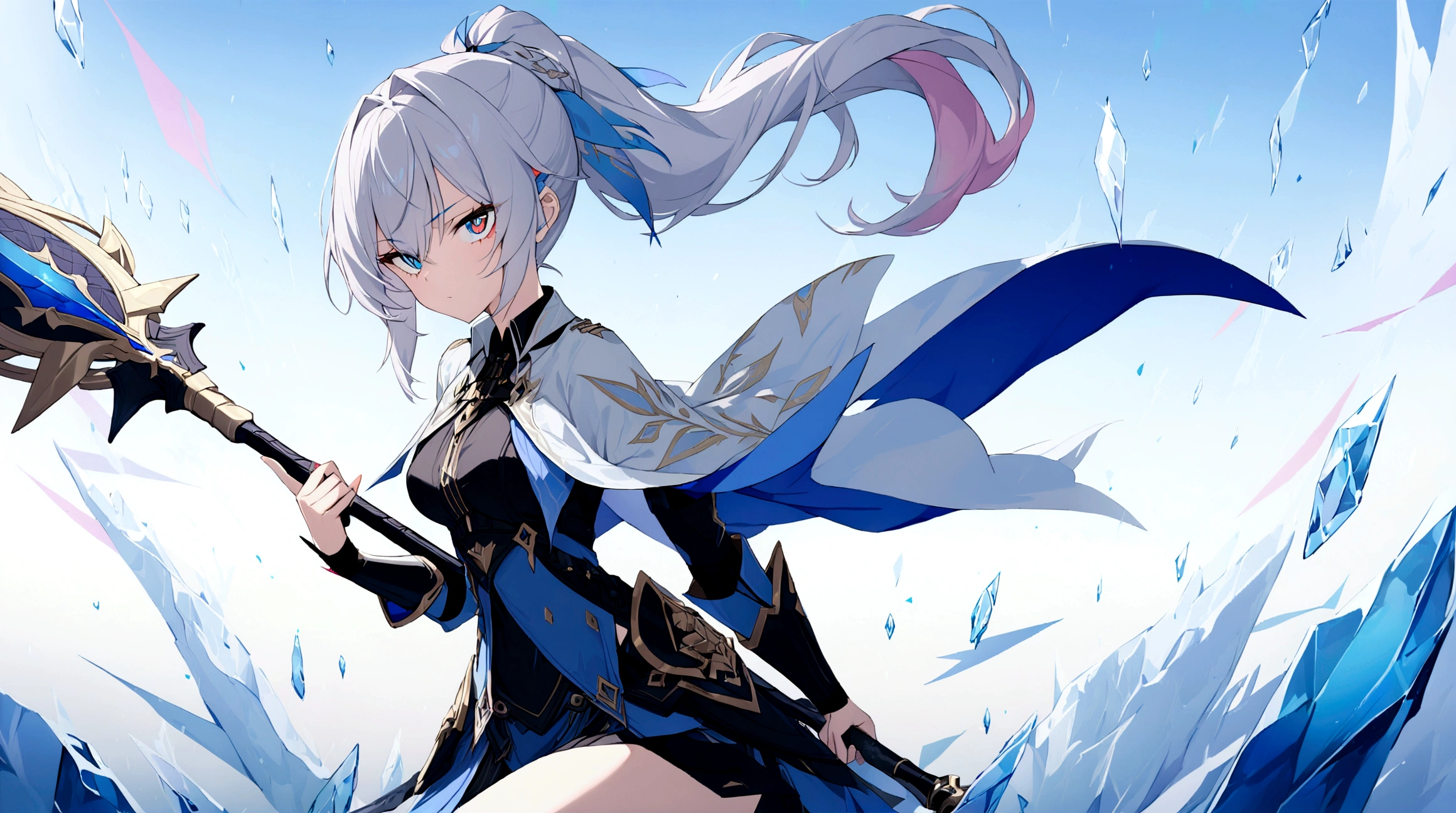 (1girl, Masterpiece, best quality) (detailed and beautiful eyes:1.6) (perfect hands, perfect anatomy) (full body)) Fierce warrior girl with long white hair in a high ponytail and striking red eyes. She wears sleek, modern armor in blue and black with gold and silver details, and a white, high-collared cape with blue and gold accents. She holds a long spear in her right hand and points forward with her left hand. The background should be an icy landscape with crystalline formations and a cold, blue sky, reflecting light off the ice for a mystical atmosphere. Capture her determined and focused expression, conveying a sense of readiness and strength.