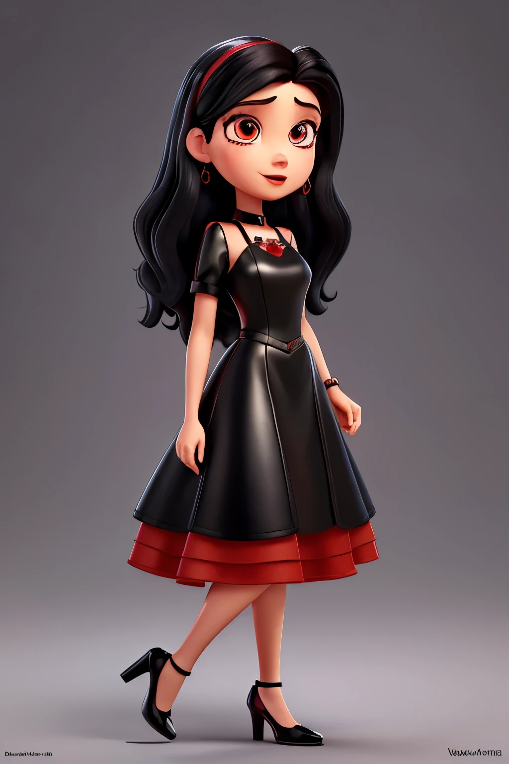 Pixar type poster of an album cover with a female character of a singer with long black hair , Brown eyes , wine colored lips,clothing a gothic style black leather dress , red nails , black rhombus earrings and black patent leather heels with a red background with the letters MAC Viva Glam