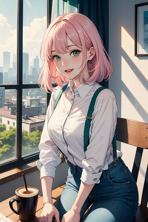 anime girl 26 years old yellow blouse suspenders blue denim pants landscape luxurious apartment looking out the window towards a night city with pale pink hair green eyes and a white cat on her lap blue nails white walls cup of coffee on the table cat looking at the girl smiling