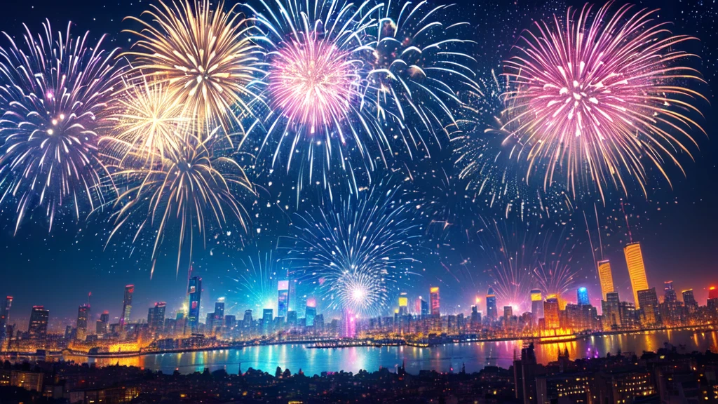 view from below, cyberpunk city fireworks,(Bright and sparkling:1.1), gorgeous explosion, (spectacular and attractive:1.2), Illuminate the darkness, (bright and vibrant colors), (crackle and pop), (fascinating and breathtaking:1.1) light display, (dazzling,shining hair) pattern, (Charming and magical), (Explosive and vitality), (celebration、be happy).