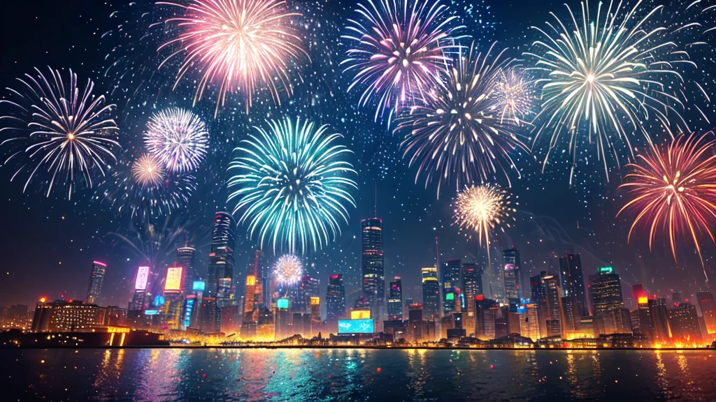 view from below, cyberpunk city fireworks,(Bright and sparkling:1.1), gorgeous explosion, (spectacular and attractive:1.2), Illuminate the darkness, (bright and vibrant colors), (crackle and pop), (fascinating and breathtaking:1.1) light display, (dazzling,shining hair) pattern, (Charming and magical), (Explosive and vitality), (celebration、be happy).