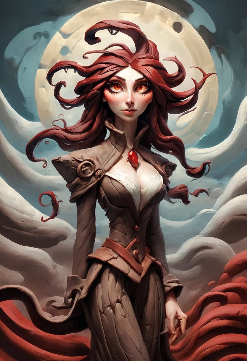 painting of a woman with flowing dark red hair, peter mohrbacher, kbak, gorgeous brown eyes, surreal, fantasy design, epic background, ample cleavage, rich brown eye color, masterpiece, semi-realistic, photo quality, high detail, ais-drkclymtn  