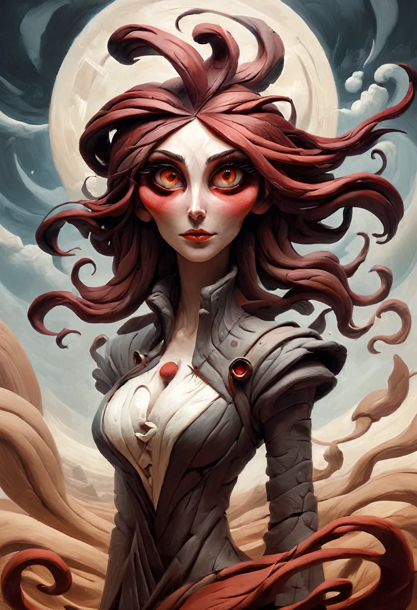 painting of a woman with flowing dark red hair, peter mohrbacher, kbak, gorgeous brown eyes, surreal, fantasy design, epic background, ample cleavage, rich brown eye color, masterpiece, semi-realistic, photo quality, high detail, ais-drkclymtn  