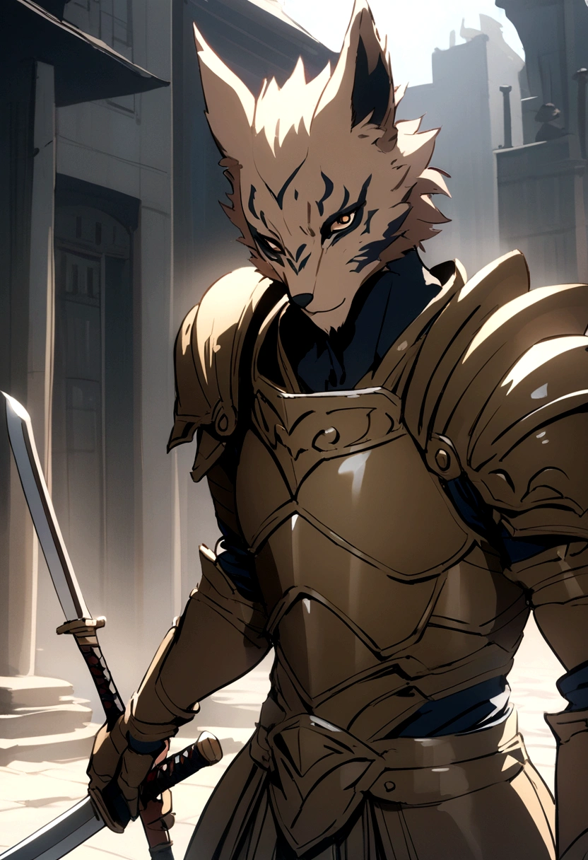 Fox man in armor with two swords