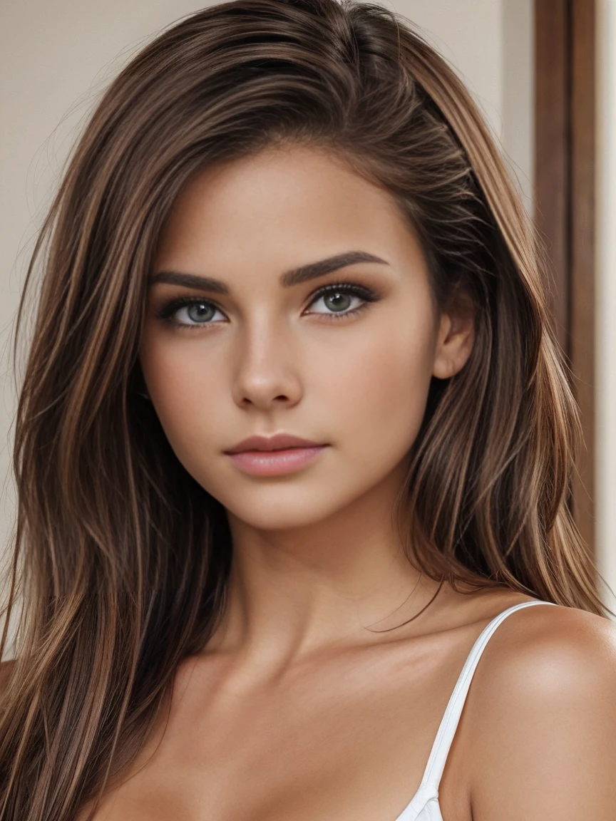 pretty woman realistic photo, Brown eyes, skin white,brune, smooth hair, Beautiful Nose, beautiful little lip,beautiful eyes