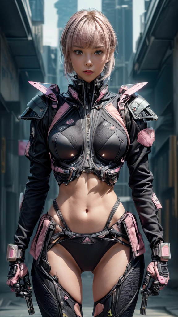 (Browsing Caution:1.1)、Very beautiful woman、((Too much exposed skin))、Slender women、(Detailed face)、Realistic Skin、((Delicate photo)),(Girl masterpiece RAW photo details:1.25), (Highest quality:1.6), (Ultra-high resolution:1.5), (Realistic:1.75), 8K resolution, Canon EOS R5, 50mm, Absurd, Super detailed,Cinema Lighting、One Girl, Gray Hair,((princess_cut))、smile、 Window Shades,((Super tight pink jacket coat)), Chest Rig, cyber punk, ((Techwear)),I can see your abs、Good top、((Big Breasts))、((The abdomen is visible))、(((Very subtle and futuristic design)))、Digging into the crotch、((logo))、((Characters on clothing))、((Micro size underwear))、((With the weapons of the future))、(((Asymmetrical Bangs Hair))