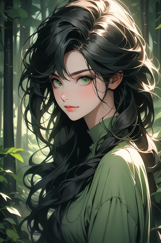 1girl, dark forest, night, stick over shoulder, straight black hair, hair fringe, green eyes, smirk, black jeans, mean,