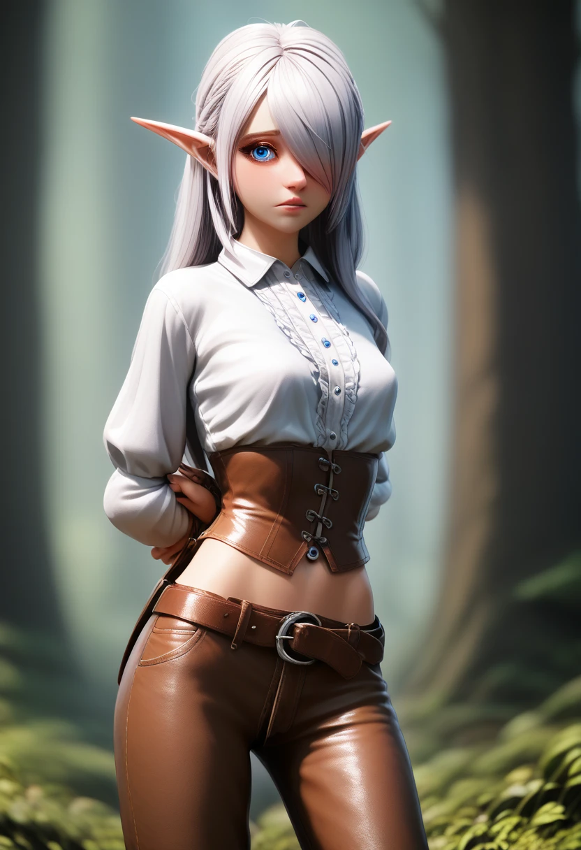 ((Best Quality)), (Masterpiece)), (Details: 1.4), Absurd Resolution, High Resolution, (Masterpiece: 1.4), Ultra Detailed, detailed gnome girl with pale skin, short stature, very long waist length silver hair that curls at the ends, covering one eye, with small breasts, pouty lips, and bright blue anime-style eyes with long lashes, wearing a corset, white puffy long sleeved shirt, and puffy cloth pants, leather bound boots, set in a windy fantasy landscape, (best quality,4k,8k,highres,masterpiece:1.2),ultra-detailed, dungeons and dragons, long elf ears, small girl, detailed skin and cloth textures, cute detailed face, intricate details, extremely detailed, 1girl, dynamic pose with hair covering one eye, shy personality, puffy cloth pants with leather belt, detailed privateer outfit, detailed buccaneer outfit, pouch on belt, wearing ornate leather armor with fur trim, silver inlay detail, wearing fur trimmed boots, wearing fur trimmed gloves, short, short height, halfing girl, small girl, very long detailed flowing hair