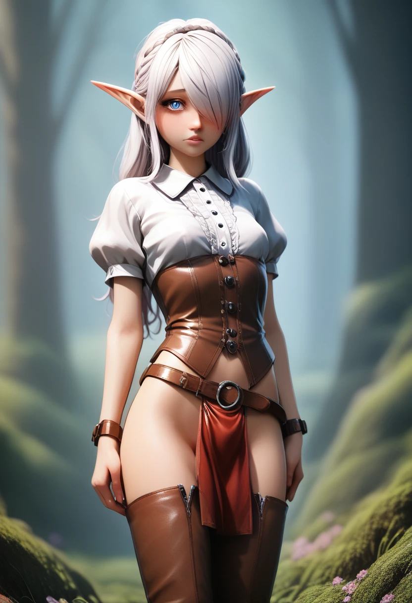 ((Best Quality)), (Masterpiece)), (Details: 1.4), Absurd Resolution, High Resolution, (Masterpiece: 1.4), Ultra Detailed, detailed gnome girl with pale skin, short stature, and very long silver hair that curls at the ends, covering one eye, with small breasts, pouty lips, and bright blue anime-style eyes with long lashes, wearing a corset, white puffy long sleeved shirt, and puffy cloth pants, leather bound boots, set in a windy fantasy landscape, (best quality,4k,8k,highres,masterpiece:1.2),ultra-detailed, dungeons and dragons, long elf ears, small girl, detailed skin and cloth textures, cute detailed face, intricate details, extremely detailed, 1girl, dynamic pose with hair covering one eye, shy personality, puffy cloth pants with leather belt, detailed privateer outfit, detailed buccaneer outfit pouch on belt