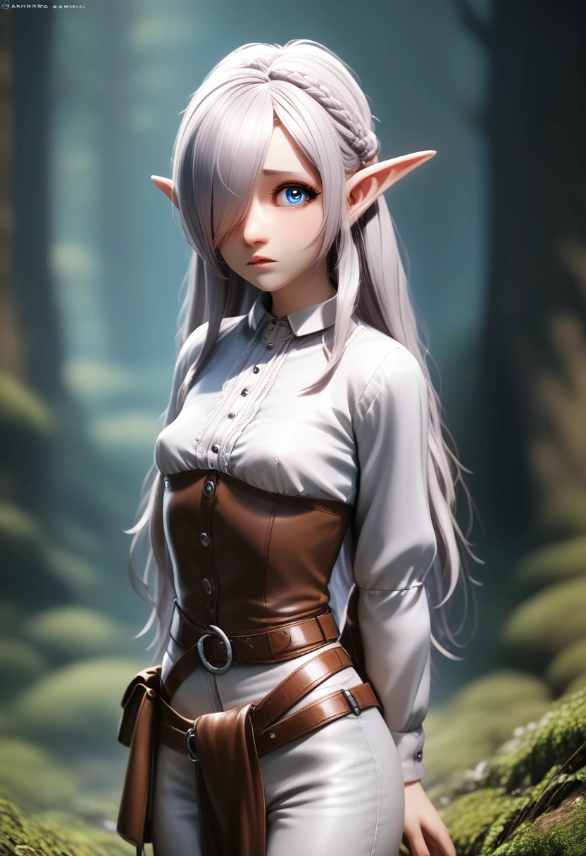 ((Best Quality)), (Masterpiece)), (Details: 1.4), Absurd Resolution, High Resolution, (Masterpiece: 1.4), Ultra Detailed, detailed gnome girl with pale skin, short stature, and very long silver hair that curls at the ends, covering one eye, with small breasts, pouty lips, and bright blue anime-style eyes with long lashes, wearing a corset, white puffy long sleeved shirt, and puffy cloth pants, leather bound boots, set in a windy fantasy landscape, (best quality,4k,8k,highres,masterpiece:1.2),ultra-detailed, dungeons and dragons, long elf ears, small girl, detailed skin and cloth textures, cute detailed face, intricate details, extremely detailed, 1girl, dynamic pose with hair covering one eye, shy personality, puffy cloth pants with leather belt, detailed privateer outfit, detailed buccaneer outfit pouch on belt