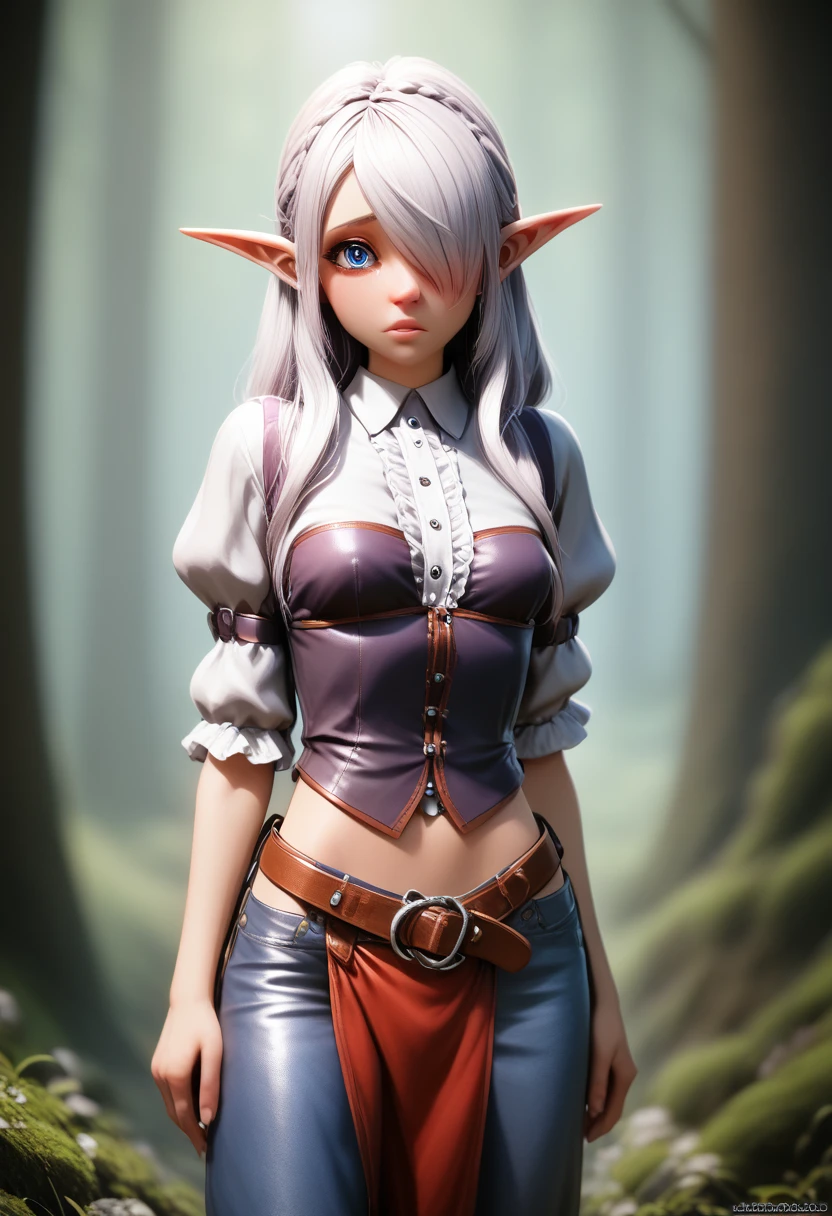 ((Best Quality)), (Masterpiece)), (Details: 1.4), Absurd Resolution, High Resolution, (Masterpiece: 1.4), Ultra Detailed, detailed gnome girl with pale skin, short stature, and very long silver hair that curls at the ends, covering one eye, with small breasts, pouty lips, and bright blue anime-style eyes with long lashes, wearing a corset, white puffy long sleeved shirt, and puffy cloth pants, leather bound boots, set in a windy fantasy landscape, (best quality,4k,8k,highres,masterpiece:1.2),ultra-detailed, dungeons and dragons, long elf ears, small girl, detailed skin and cloth textures, cute detailed face, intricate details, extremely detailed, 1girl, dynamic pose with hair covering one eye, shy personality, puffy cloth pants with leather belt, detailed privateer outfit, detailed buccaneer outfit pouch on belt