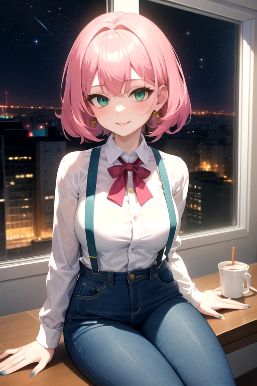 anime girl 26 years old yellow blouse suspenders blue denim pants landscape luxurious apartment looking out the window towards a night city with pale pink hair green eyes and a white cat on her lap blue nails white walls cup of coffee on the table cat looking at the girl smiling