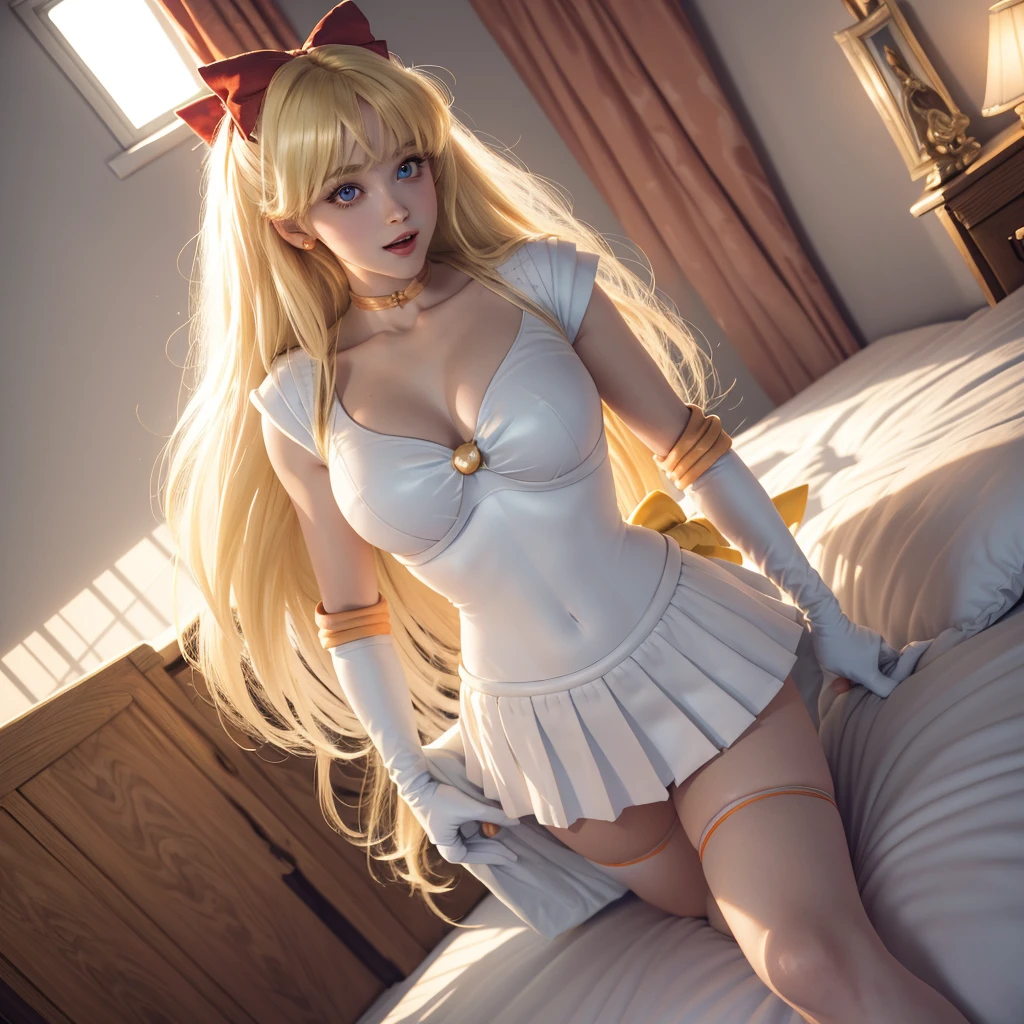Beautiful 2 girl, full body shot, (blonde hair, straight blonde hair: 1.28), clear skin, (princess peach's face and hair), pale skin, medium breasts, cleavage, (thin hips, thin waist , athletic body: 1.25), (stockings), detailed skin, smile open mouth), black and silver and orange color scheme, highly detailed)), 8k textures, soft light, elegant, highly detailed, sharp focus, soothing tones, hyperdetailed, low contrast, hdr, faded, bed, sailor venus outfit, long gloves, jewelry, make-up, glowing red eyes, smile, open mouth, pleated skirt, Bosque, bed, bow, knee high stockings