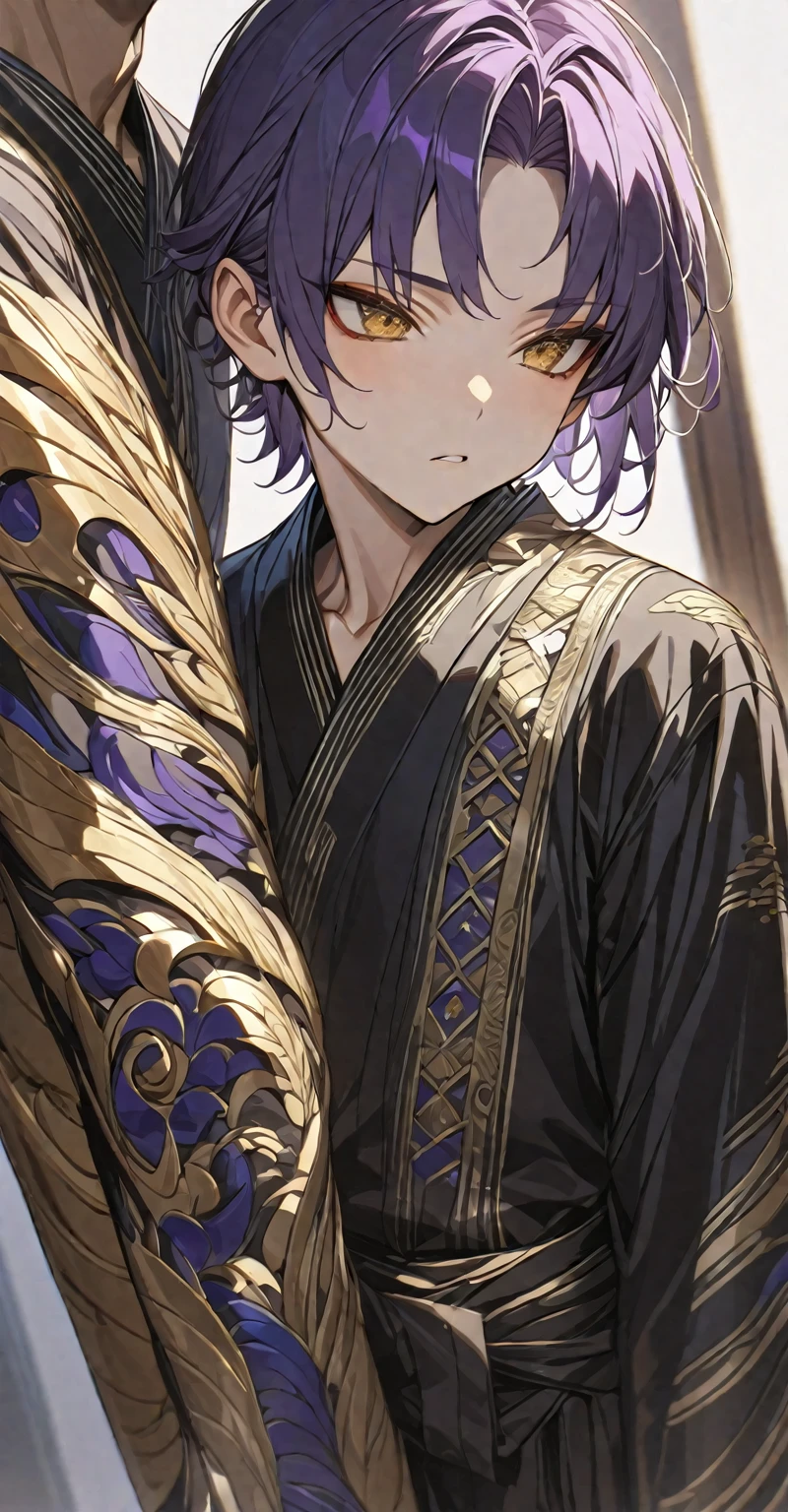 Masterpiece, very detailed, ultra detailed, one, (1 man),
A young man - he is tall and slender
He's in a simple black kimono with white stripes.
Long wild dark purple hair and short bangs, and golden eyes that shine.