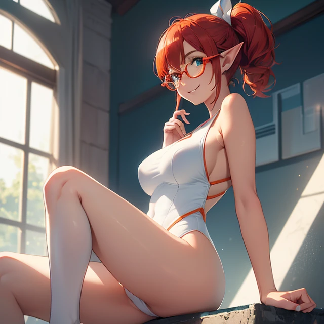 (best high quality image, very detailed clean image, carefully detailed image, carefully detailed character, solo alone character, no deformities in background and character, full character view and design)
{{(1woman 50 years old milf elf citizen), (crimson red hair tied in a ponytail with a pale white beautiful ribbon, fair skin, light blue green eyes, thin lips, medium big breasts, big butt, beautiful legs, short pointed ears with tiny orange gems, joy smile, happy expression, modeling position)), ((dark blue square glasses), (white white white one-piece white swimsuit)), (pool outside)}}