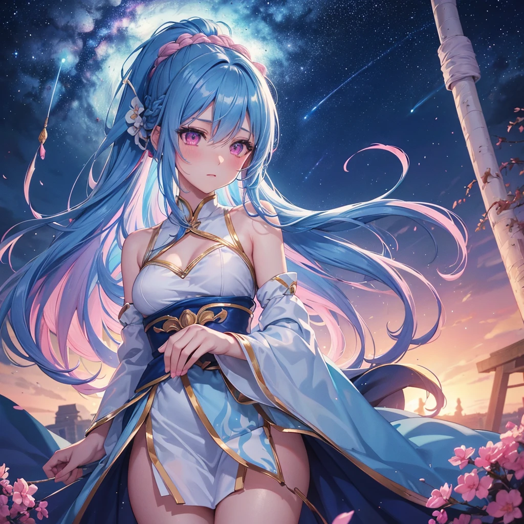 Sky blue hair, (One braided ponytail),(Pink Eyes),Fair skin ,(whole body),(One girl),The goddess,Orihime,(Sky Yue),Tanabata,(The Milky Way in the night sky),Hollow Eyes,Blushing,Straight bangs,(masterpiece, Highest quality, Very detailed, Best Shadow), (Detailed Background), (Beautifully detailed face), High Contrast, (Best lighting, Very delicate and beautiful), ((Cinematic Light)), colorful, Hyper Detail, Dramatic Light, Intricate details,