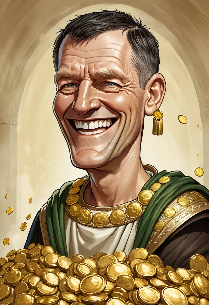 "A detailed caricature profile image of Marcus Licinius Crassus with a broad, exaggerated grin, holding a sack overflowing with gold coins. He is wearing luxurious Roman attire and a laurel wreath, with coins floating around him, highlighting his immense wealth."
Size: "1024x1024"