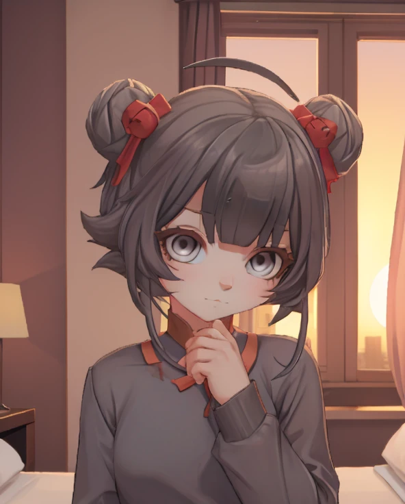 (1Girl, gray eyes, Beautiful, cute, gray short black hair, wearing clothes, shy pose)), (In a hotel room at sunset)