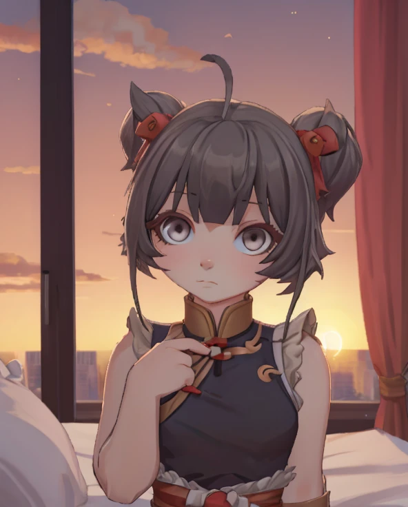 (1Girl, gray eyes, Beautiful, cute, gray short black hair, wearing clothes, shy pose)), (In a hotel room at sunset)