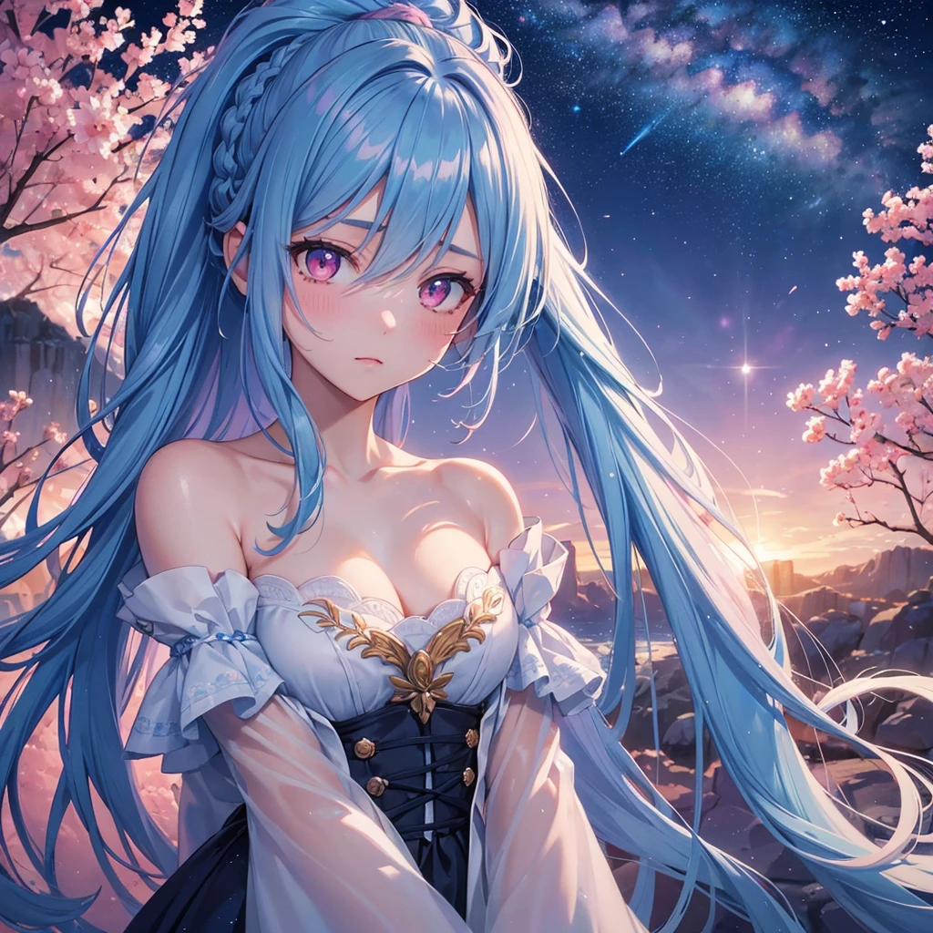 Sky blue hair, (One braided ponytail),(Pink Eyes),Fair skin ,(whole body),(One girl),The goddess,Orihime,(Sky Yue),Tanabata,(The Milky Way in the night sky),Hollow Eyes,Blushing,Straight bangs,(masterpiece, Highest quality, Very detailed, Best Shadow), (Detailed Background), (Beautifully detailed face), High Contrast, (Best lighting, Very delicate and beautiful), ((Cinematic Light)), colorful, Hyper Detail, Dramatic Light, Intricate details,