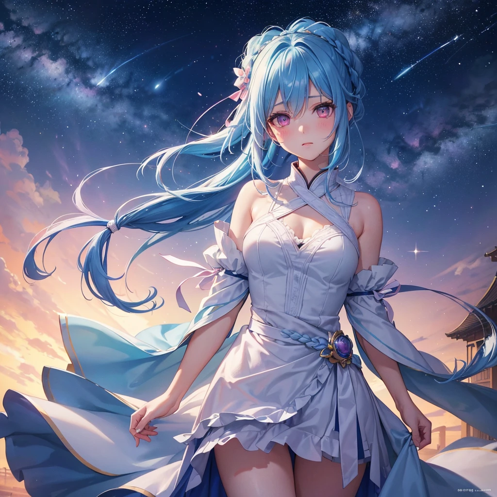 Sky blue hair, (One braided ponytail),(Pink Eyes),Fair skin ,(whole body),(One girl),The goddess,Orihime,(Sky Yue),Tanabata,(The Milky Way in the night sky),Hollow Eyes,Blushing,Straight bangs,(masterpiece, Highest quality, Very detailed, Best Shadow), (Detailed Background), (Beautifully detailed face), High Contrast, (Best lighting, Very delicate and beautiful), ((Cinematic Light)), colorful, Hyper Detail, Dramatic Light, Intricate details,