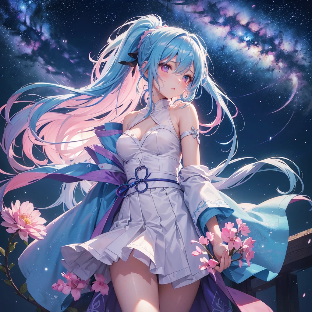 Sky blue hair, (One braided ponytail),(Pink Eyes),Fair skin ,(whole body),(One girl),The goddess,Orihime,(Sky Yue),Tanabata,(The Milky Way in the night sky),Hollow Eyes,Blushing,Straight bangs,(masterpiece, Highest quality, Very detailed, Best Shadow), (Detailed Background), (Beautifully detailed face), High Contrast, (Best lighting, Very delicate and beautiful), ((Cinematic Light)), colorful, Hyper Detail, Dramatic Light, Intricate details,