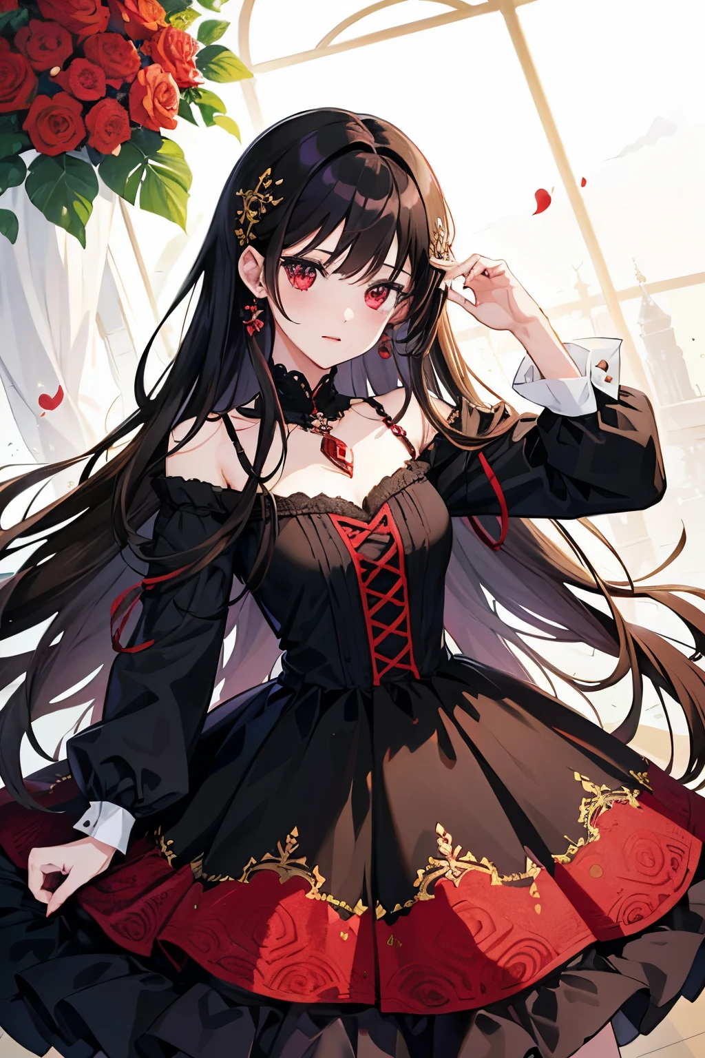 1girl, shoujo webtoo style, manga, red eyes, black hair, elegant dress, white dress, jewelry
