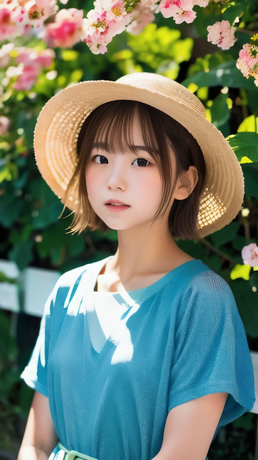 (masterpiece, Highest quality:1.2), Japanese、One Girl, , cute, Expressionless, alone, Small Nose, Small red cheeks and nose, 非常にcute表情, Short Bob,Wavy Hair、 Flat Chest、whiteＴshirt、Blurred Background、garden、Promenade、Flower Field