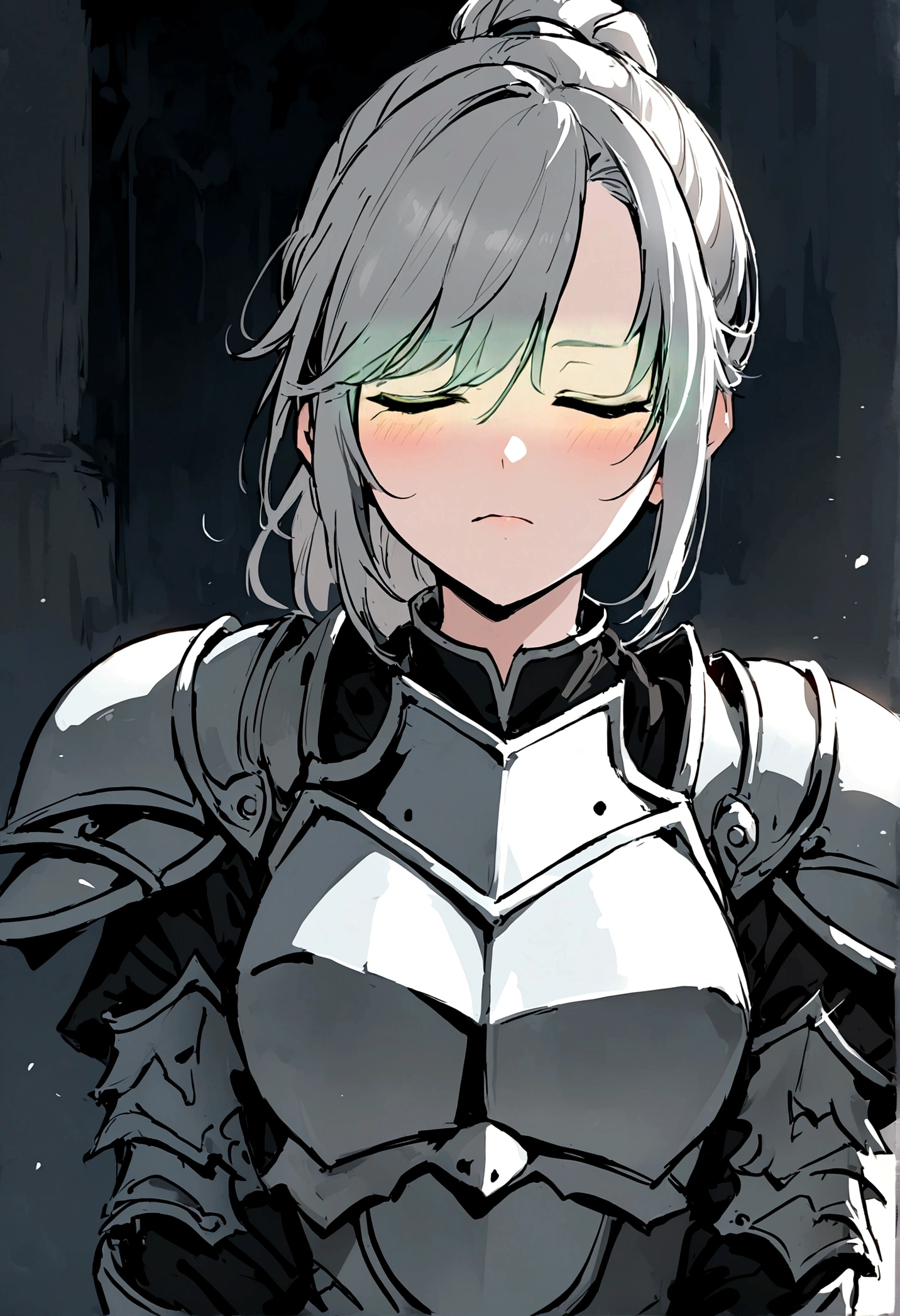 Beautiful girl knight in armor, Gray Hair, fantastic, Face your body forward like a certificate photo, shoot from front, Ponytail, Armor Girl, beautiful female knight, Female Paladin, Talking mouth, upper body shot, drawing both arms, closed eyes