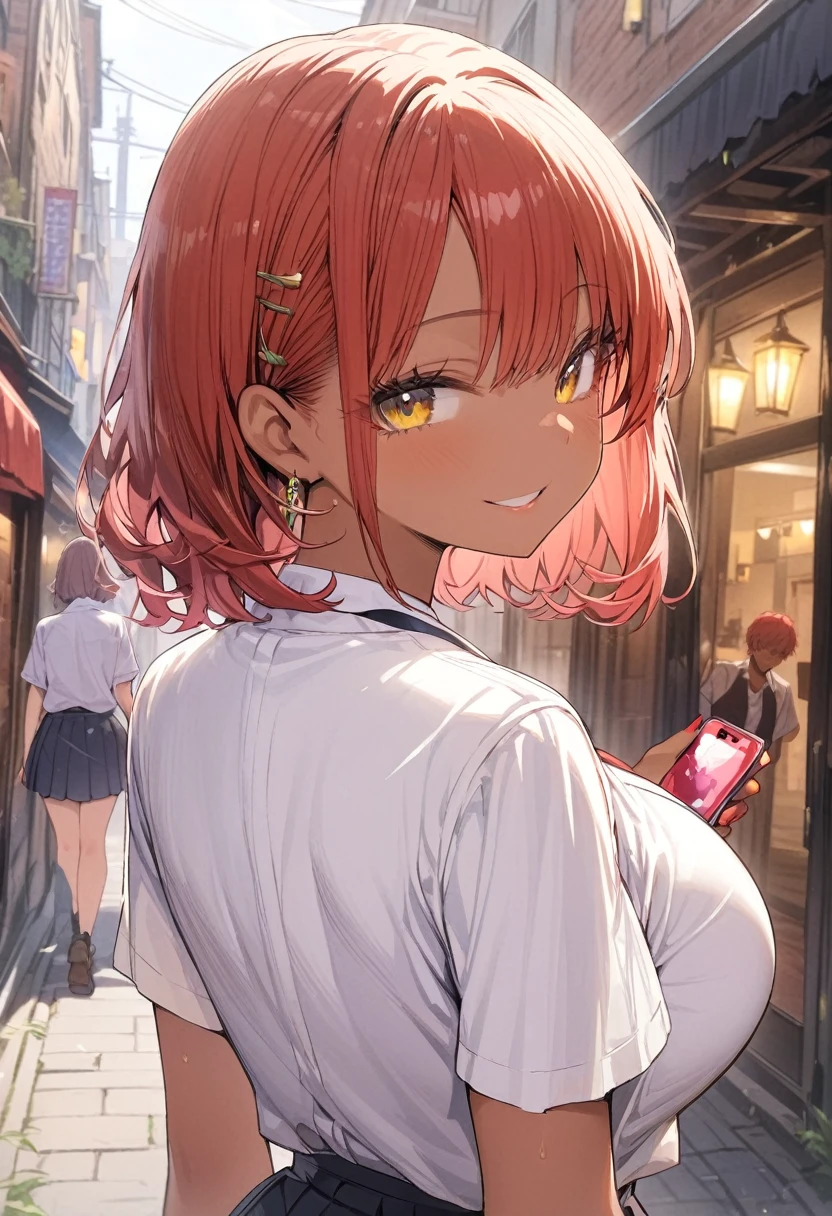 from behind,back,Look back at viewer, masterpiece, best quality, highres, JK,huge tit,1girl,pov, holding pov_hand,breasts,short red hair, tan skin, yellow eyes, looking at viewer,pleated skirt,shirt tucked in,short hair,skirt,smile,tented shirt,in street