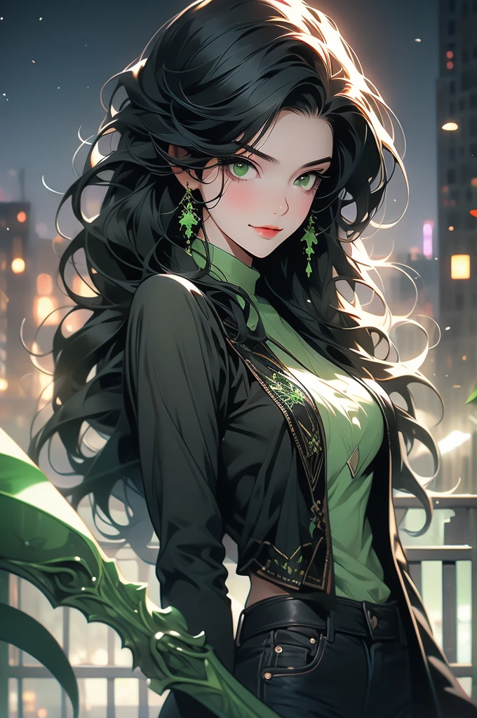 1girl, night, straight black hair, hair fringe, green eyes, smirk, black jeans, black top, mean, staff