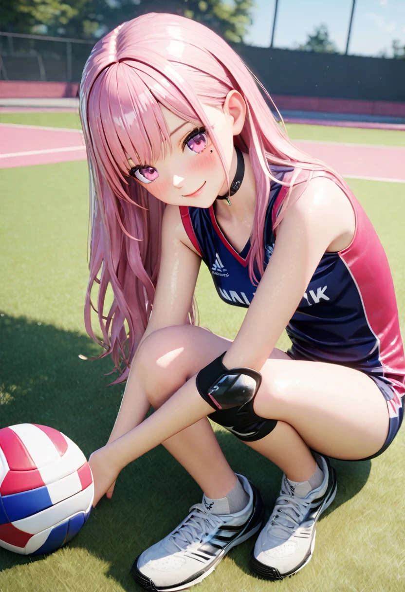 masterpiece, best quality, highly detailed, high resolution, expensive solution, high resolution, 4k, 8k, Unity 8k wallpaper, highly detailed CG, masterpiece, 2d, 3d, beautiful details, depth, fine texture, best quality: 1.3, total concentration, clear skin, him, very cute anime girl, expensive pink long hair, one girl, volleyball uniform, knee pads on knees, volleyball shoes, outside the gym, it was raining heavily and she was soaking wet. The volleyball uniform was see-through and her hair was soaking wet, smiling long pink hair, full body, outside the gym, heavy rain, mole under eye, line sight, expensive, blush, parted lips, heart, pink eyes, choker