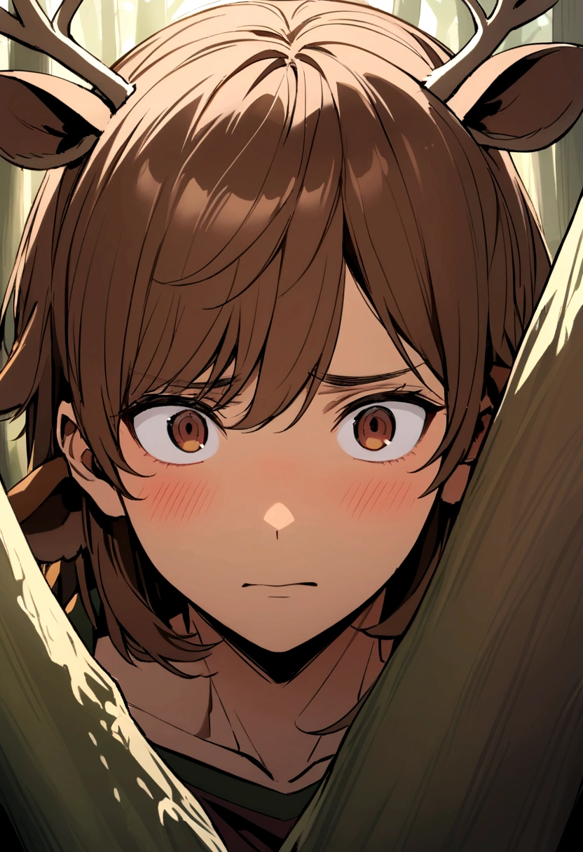 Dark-skinned man, brown eyes, long brown hair with deer ears and antlers hiding behind a tree in a forest, watching someone with a shy expression on his face 