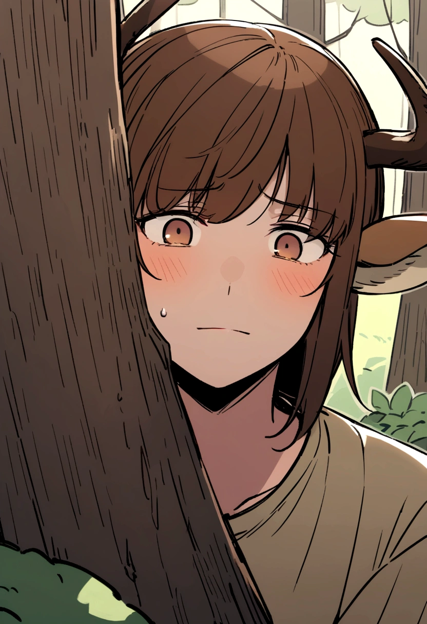 Dark-skinned man, brown eyes, long brown hair with deer ears and antlers hiding behind a tree in a forest, watching someone with a shy expression on his face