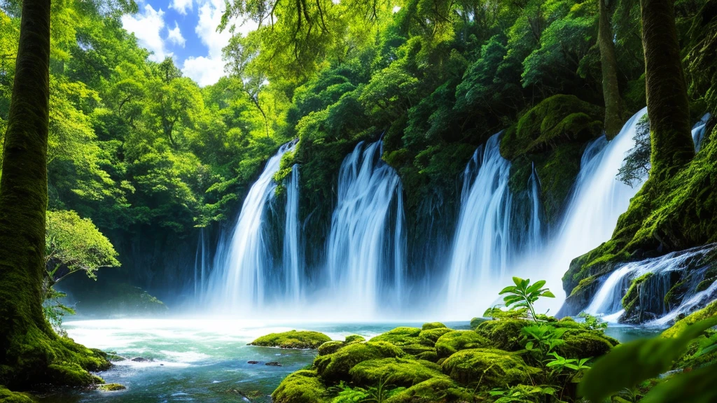 Masterpiece of unparalleled quality, crafted in high resolution CG unity 8k wallpaper, showcases an enchanting outdoor scenery with towering null, a vast expanse of shimmering blue lake, and a captivating waterfall cascading down from a cliff. The landscape is adorned with intricately detailed trees and woodland, with sunlit rays filtering through the canopy, casting dappled shadows on the forest floor. The cloudy Day sky is scattered with magnificent and realistic clouds, adding depth and dynamism to the scene. Not a human figure is present, allowing nature to take center stage in its full splendor and glory. This masterpiece of