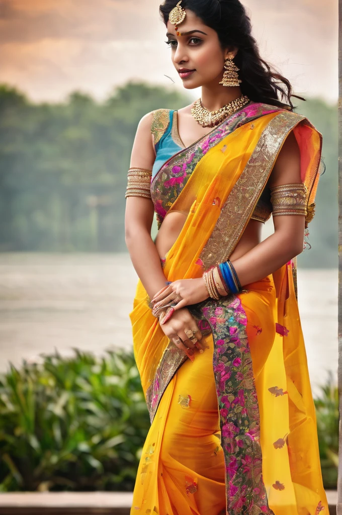 Create an image of a beautiful women in saree having perfect body. She should be exposing her toned belly completely. Her navel should be big, round and deep.
