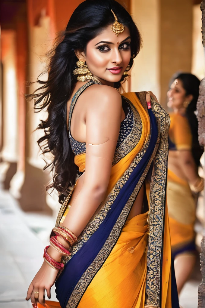 Create an image of a beautiful women in saree having perfect body. She should be exposing her toned belly completely. Her navel should be big, round and deep.