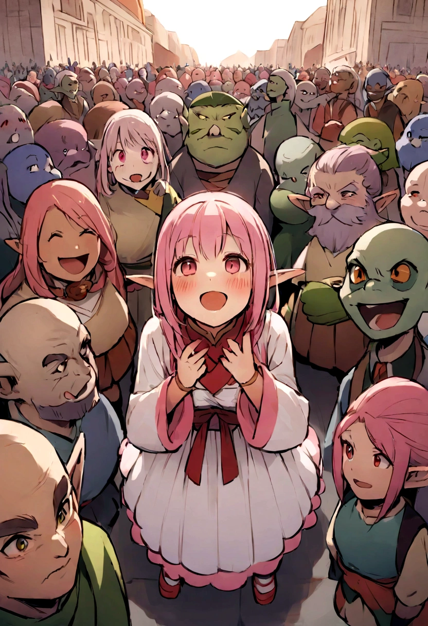 Pink haired girl in the center、少女はpeople間、Mr.々Many races gather、animal、people、Elf、Dwarf、Kobold、Goblins