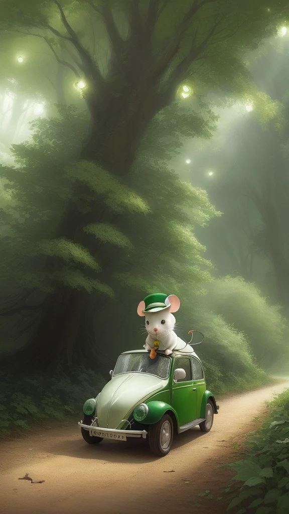 a little white mouse with a green leafy hat riding on his beetle, They walk over the foliage in the green forest, the scene is realistic but fantastic, fireflies and many green leaves the leaves have water drops
