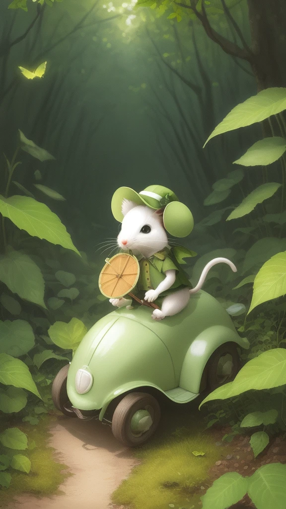 a little white mouse with a green leafy hat riding on his beetle, They walk over the foliage in the green forest, the scene is realistic but fantastic, fireflies and many green leaves the leaves have water drops