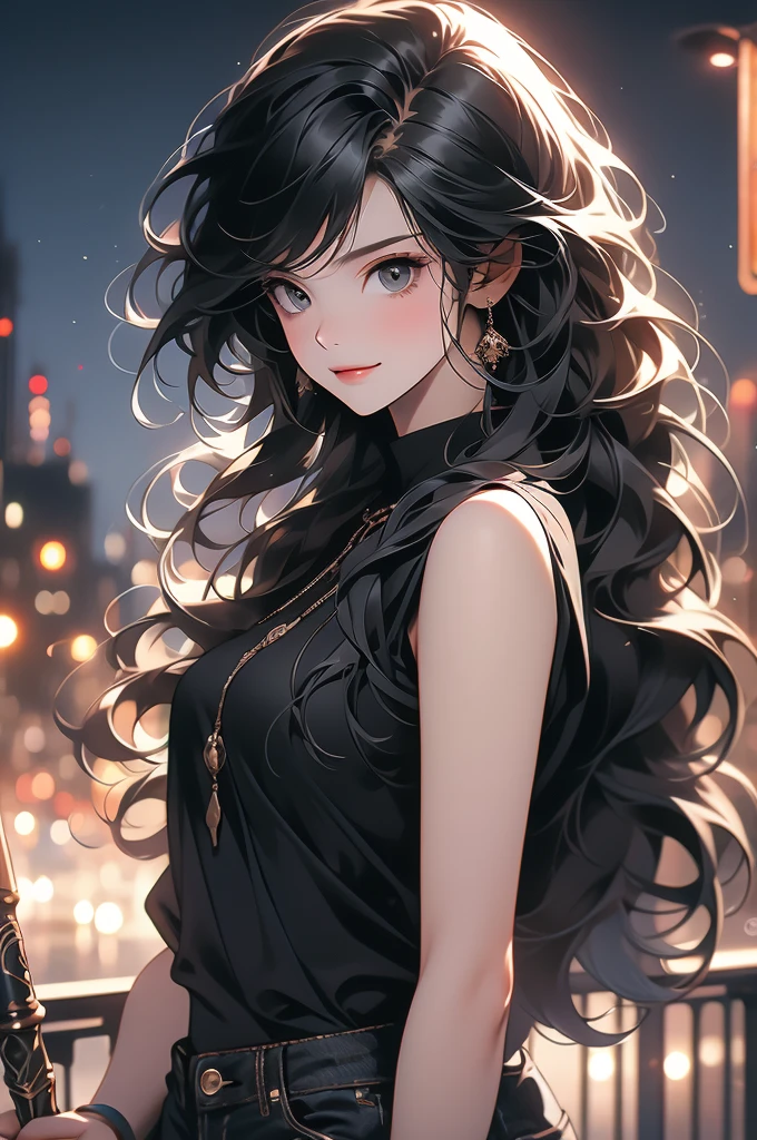 1girl, night, straight black hair, hair fringe, smirk, black jeans, black top, mean, staff over shoulder