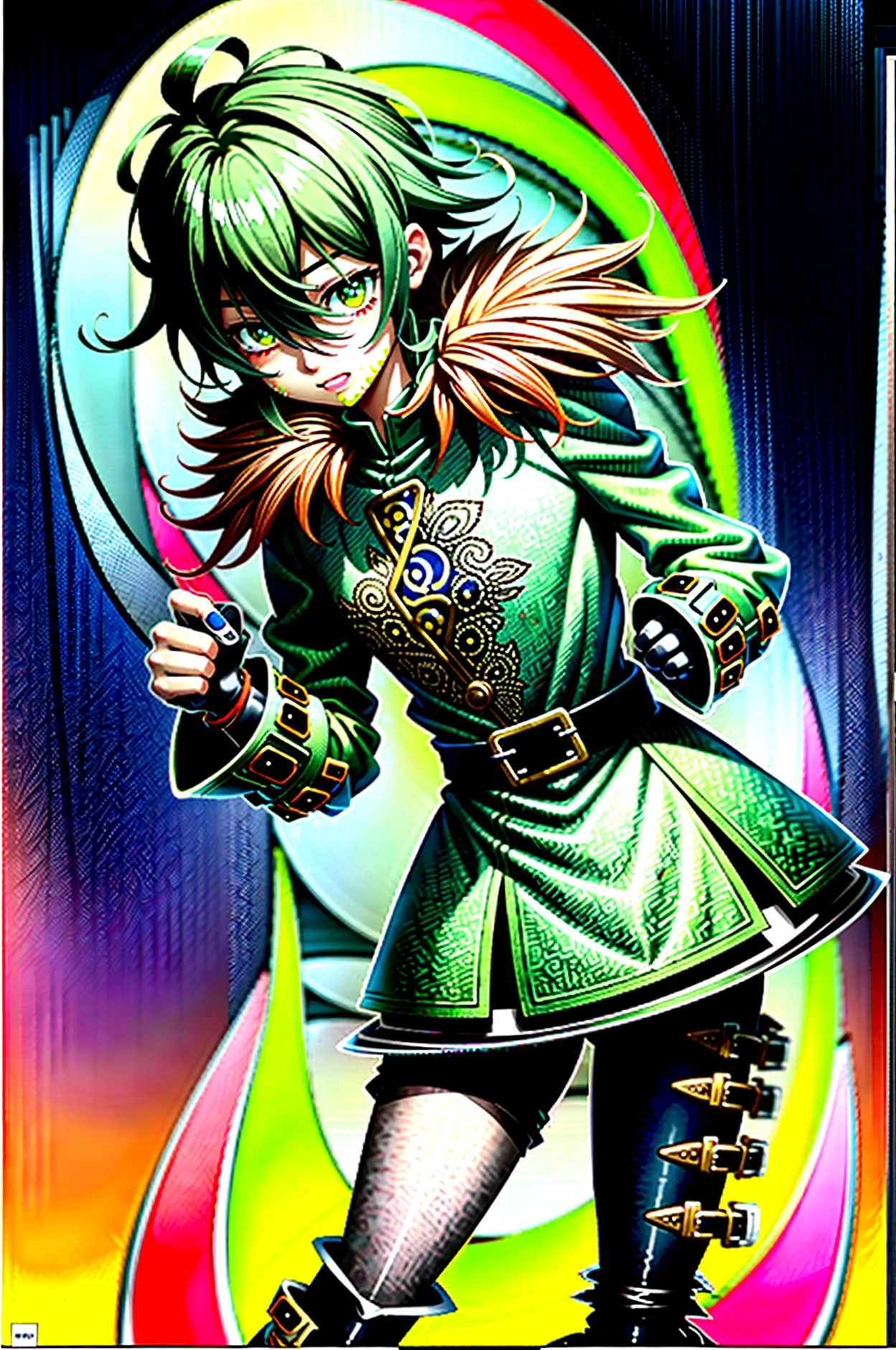 yuichiro hyakuya, (WithoutFear:1), 1 boy, black hair, green eyes, brown coat, gray armor, green shield, green cloak, dark brown gloves, town, fur trim, anime, standing, good quality, portrait, looking at viewer